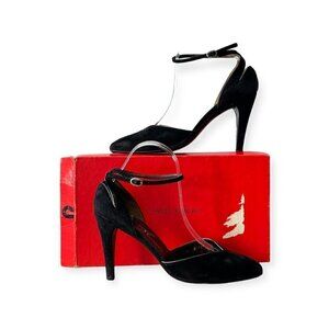 Vintage Charles Jourdan Black Suede Ankle Strap Pumps,  Size 8 1/2